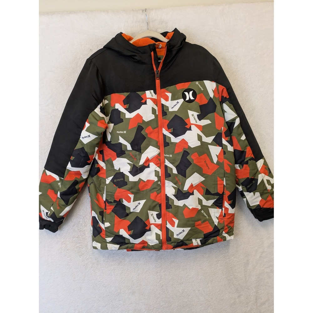 Hurley Puffer Jacket Kid's L (14/16) Green Orange Camo Hooded Fleece Lined